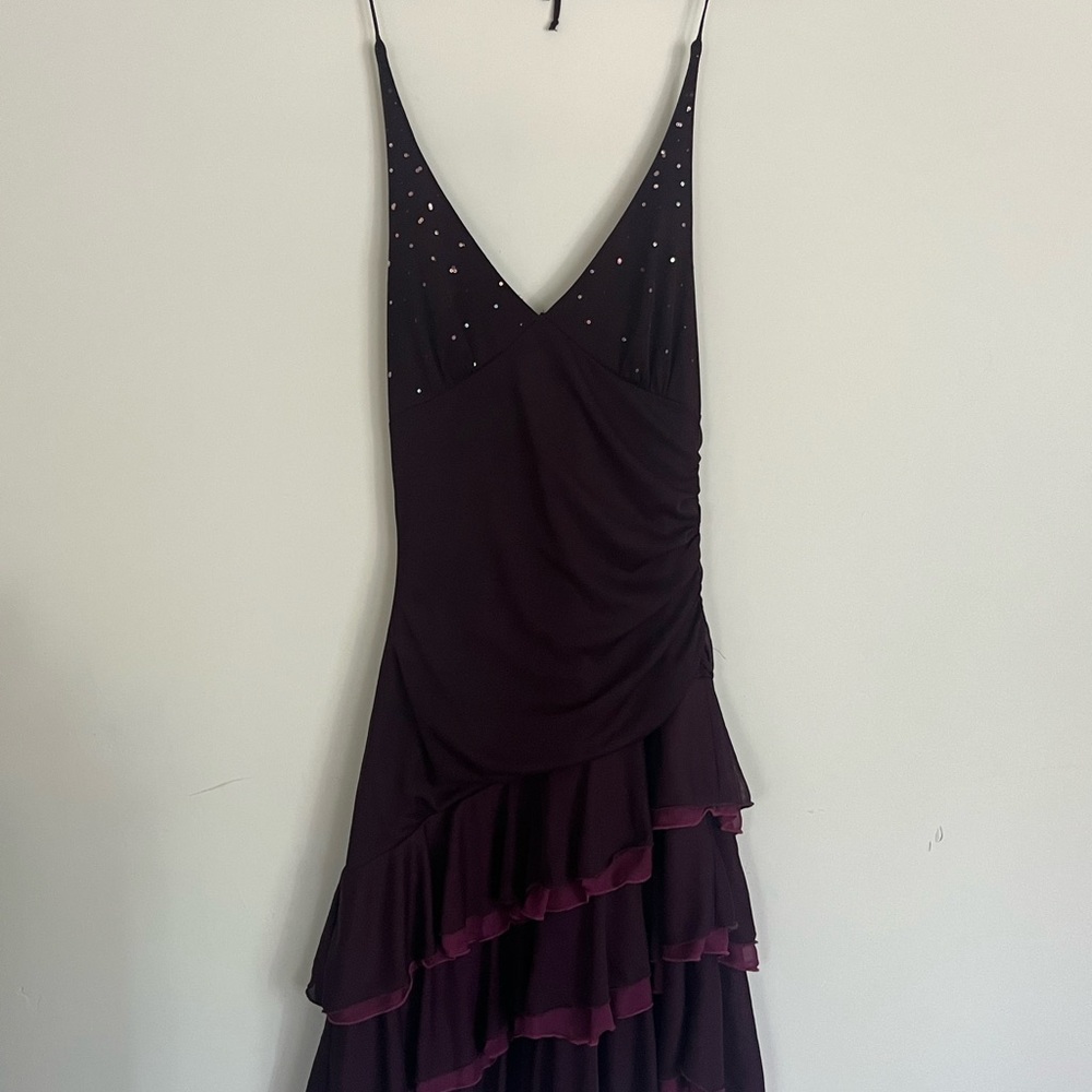 V-neck Black and Deep Plum Ruffle Slip Dress
